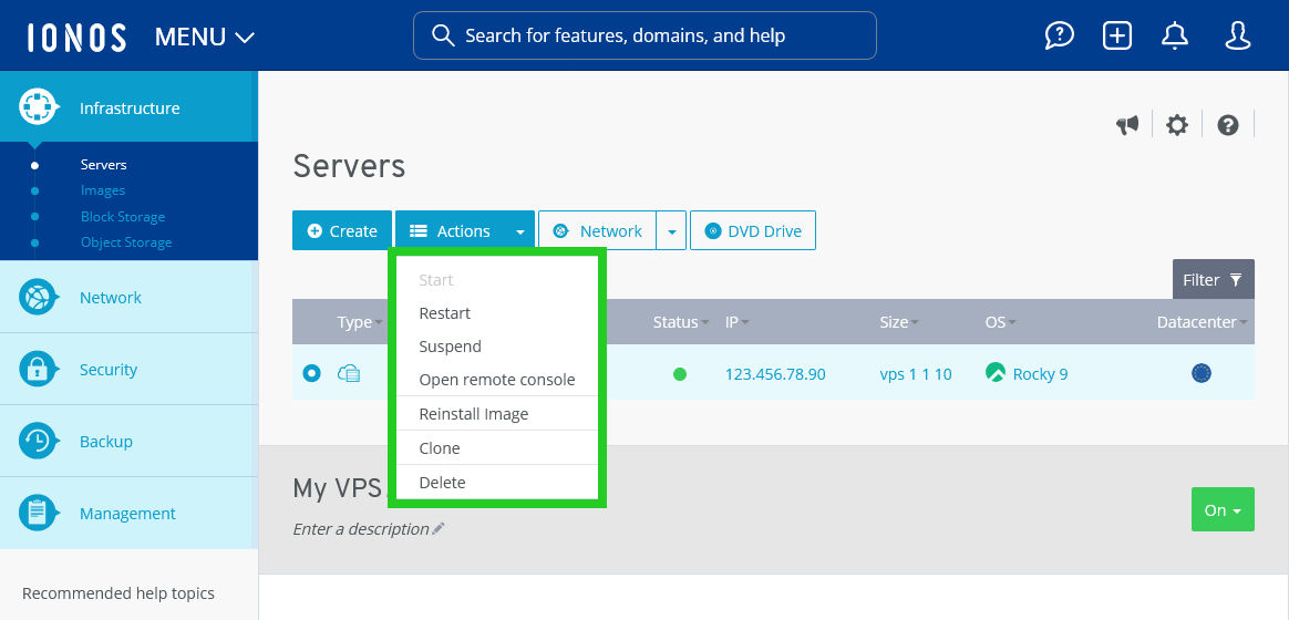 The Actions menu is highlighted within the Cloud Panel.