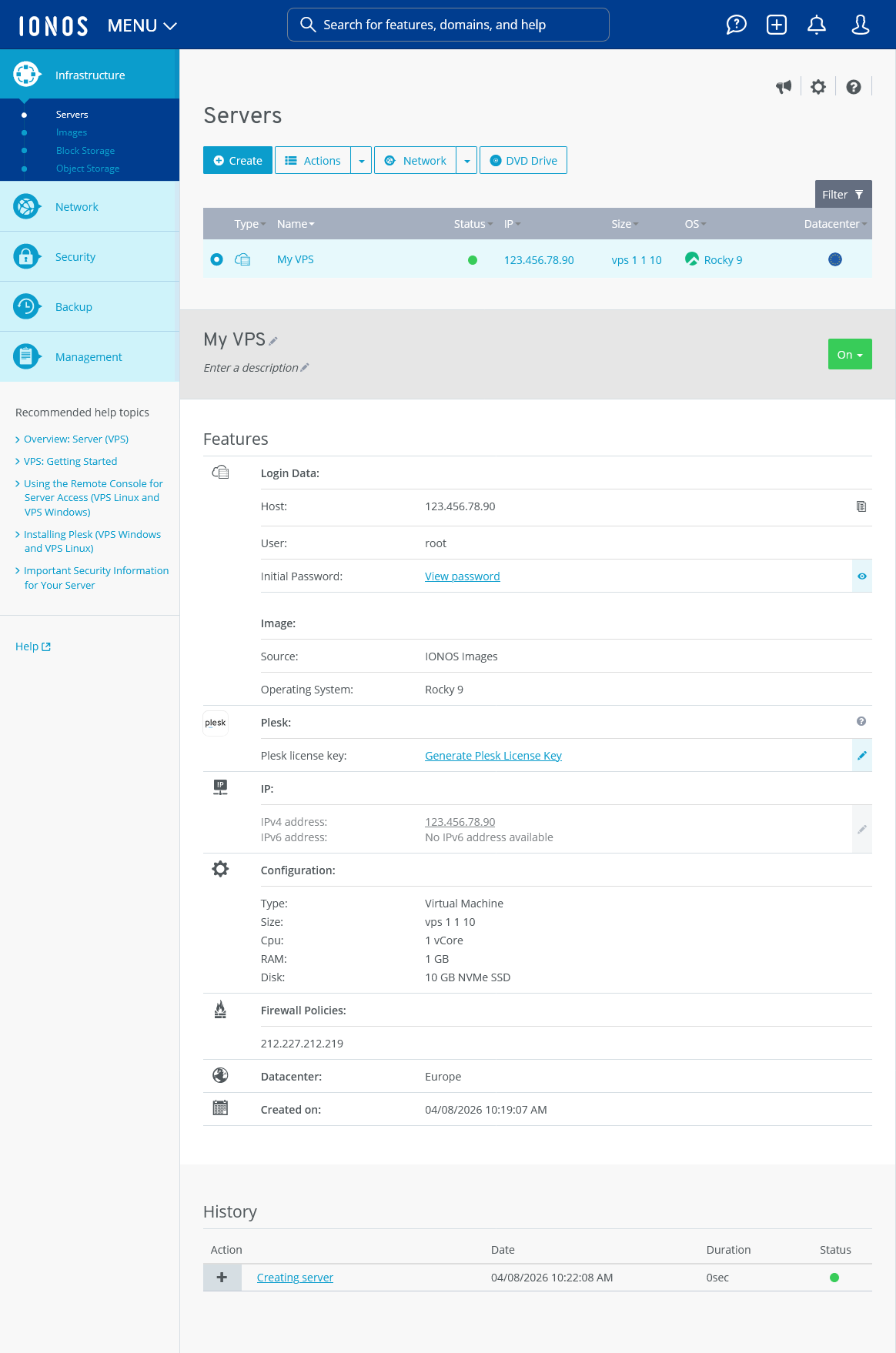 Detailed information about the VPS+ is displayed in the Cloud Panel.