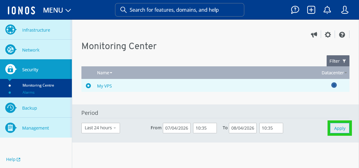 The Apply button is highlighted within the Monitoring Center.