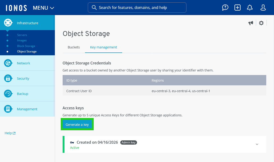 The Object Storage section of the Cloud Panel with the Generate a key button highlighted.