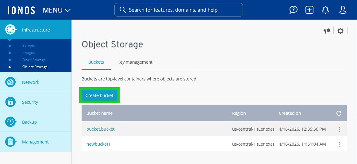 The Object Storage section of the Cloud Panel with the Create bucket button highlighted.
