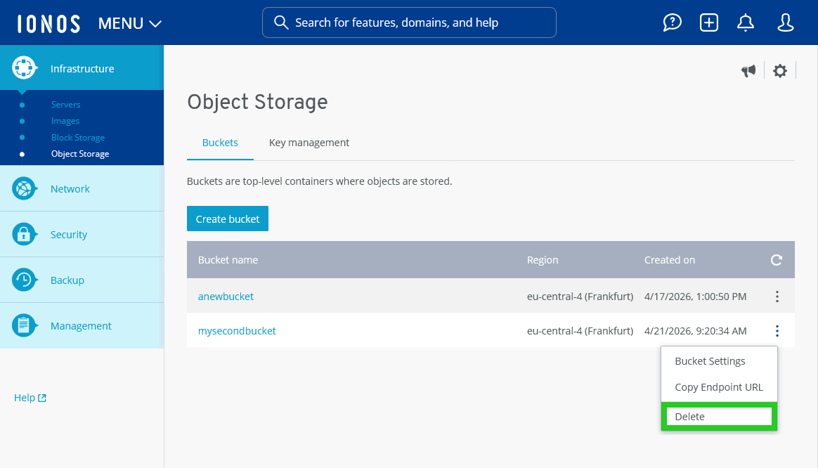 The Delete menu option is highlighted on the Object Storage section of the Cloud Panel.