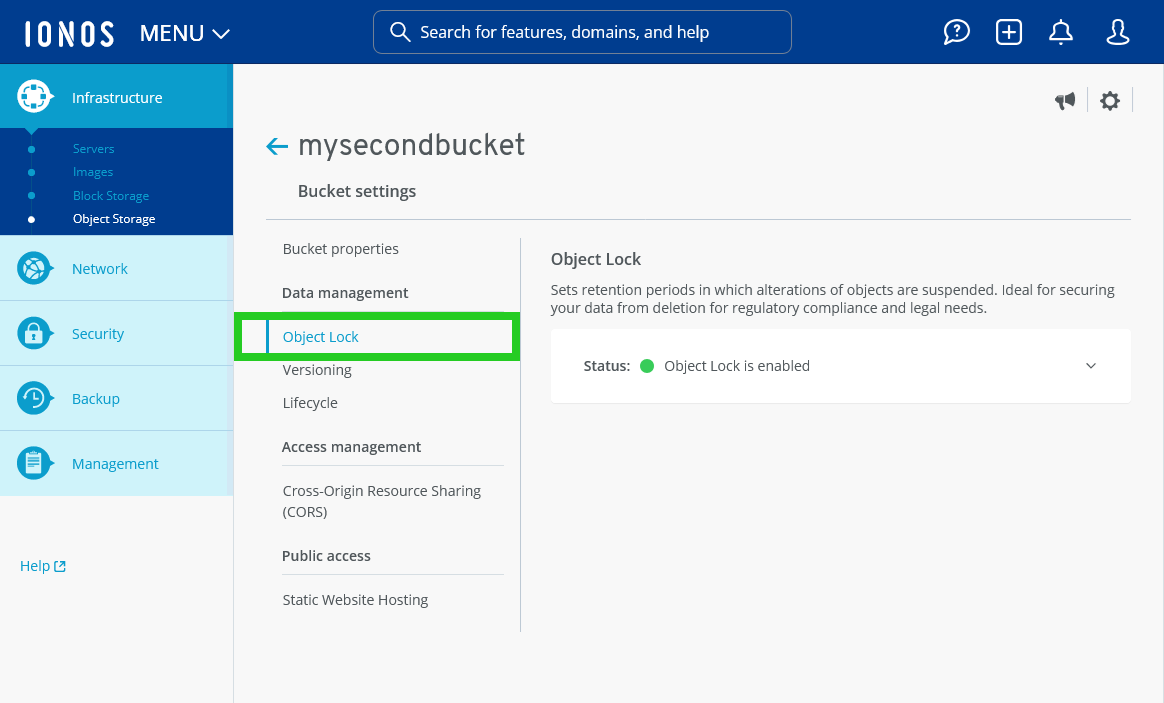 The Object Lock menu option is highlighted on the Bucket settings page.