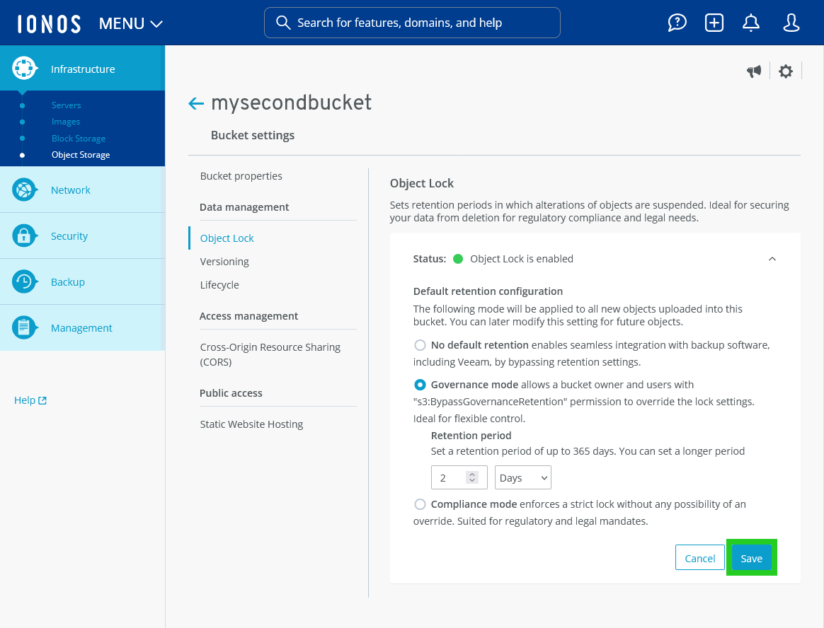 The Save button is highlighted on the Bucket settings page.