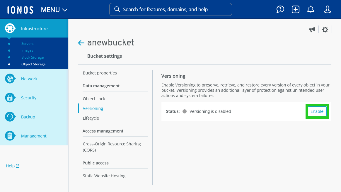 The Enable button is highlighted in the Versioning section of the Bucket settings.