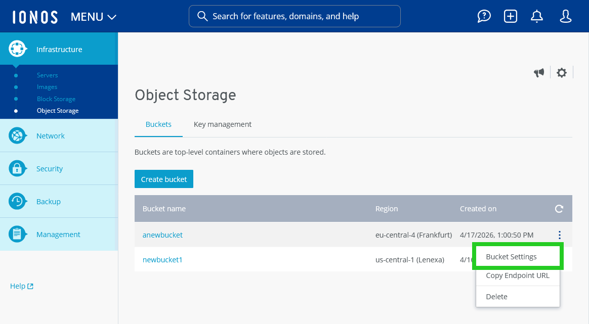 The Bucket Settings menu option is highlighted on the Object Storage section of the Cloud Panel.