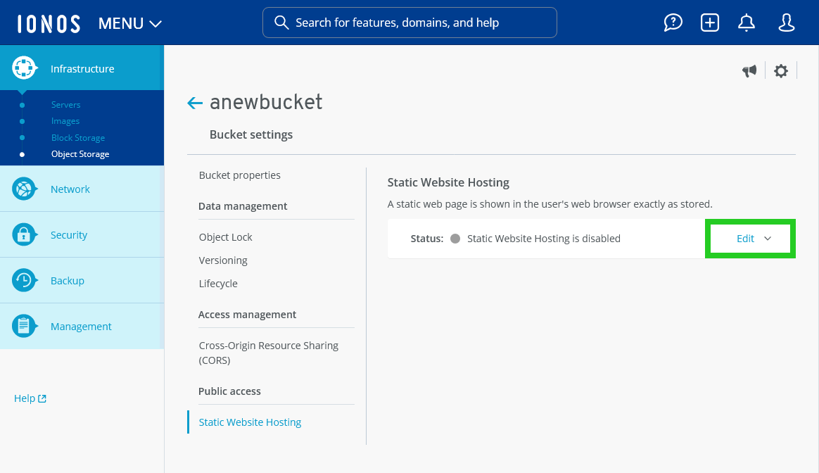 The Edit link is highlighted within the Static Website Hosting section of the Bucket settings.