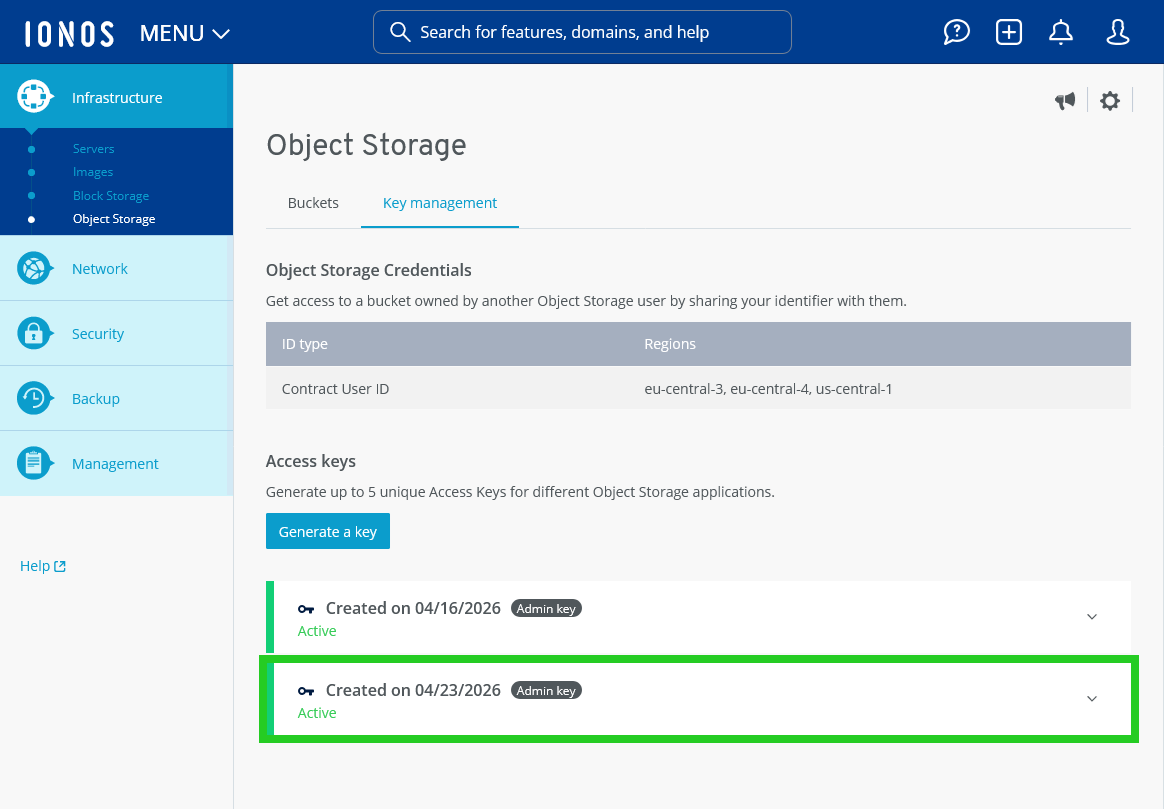 An Access Key is highlighted on the Key management tab of Object Storage.