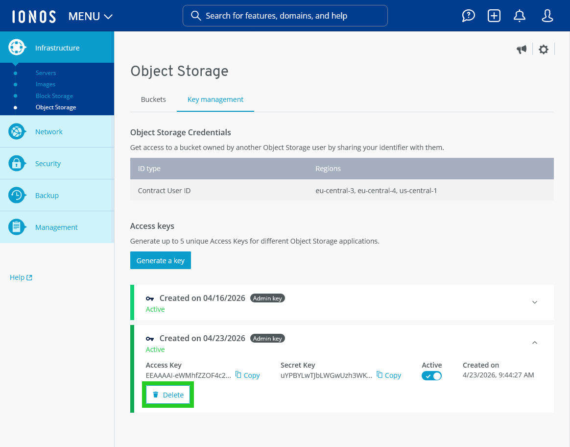 The Delete button is highlighted within the Access Key dropdown.
