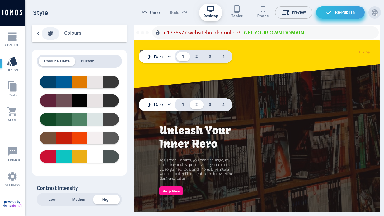 The colour editing options in the MyWebsite Now editor.