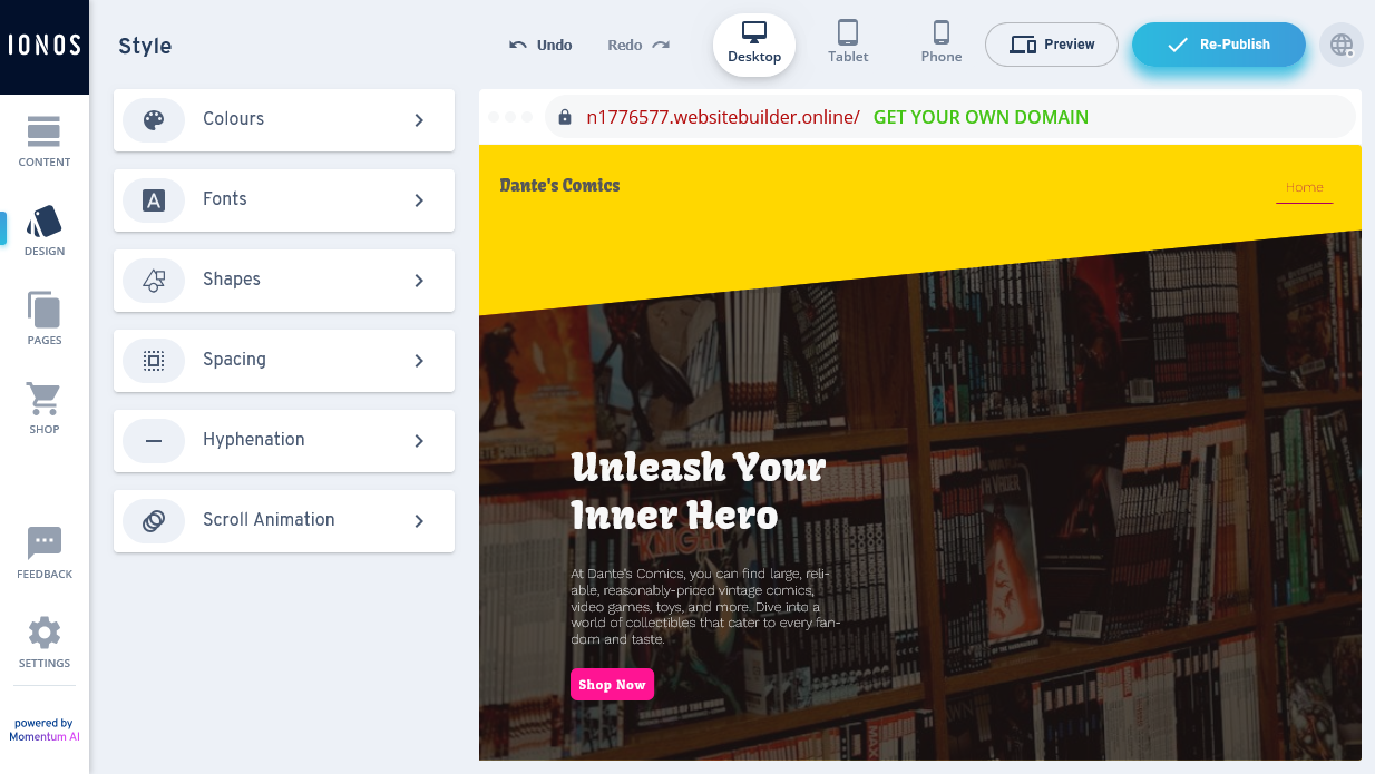 The style editing options in the MyWebsite Now editor.