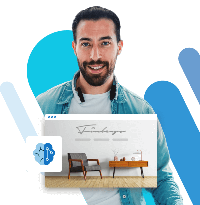 Man smiling in front of a website mockup with furniture and an AI icon.
