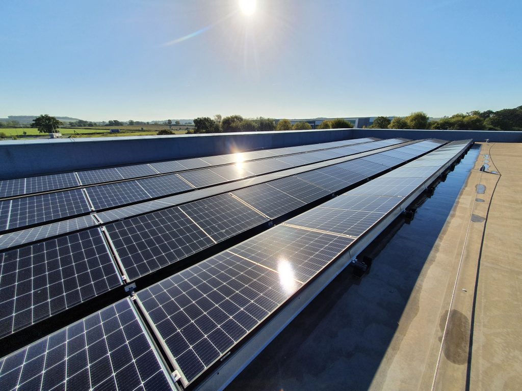 Solar panels on the roof of the IONOS Worcester data centre