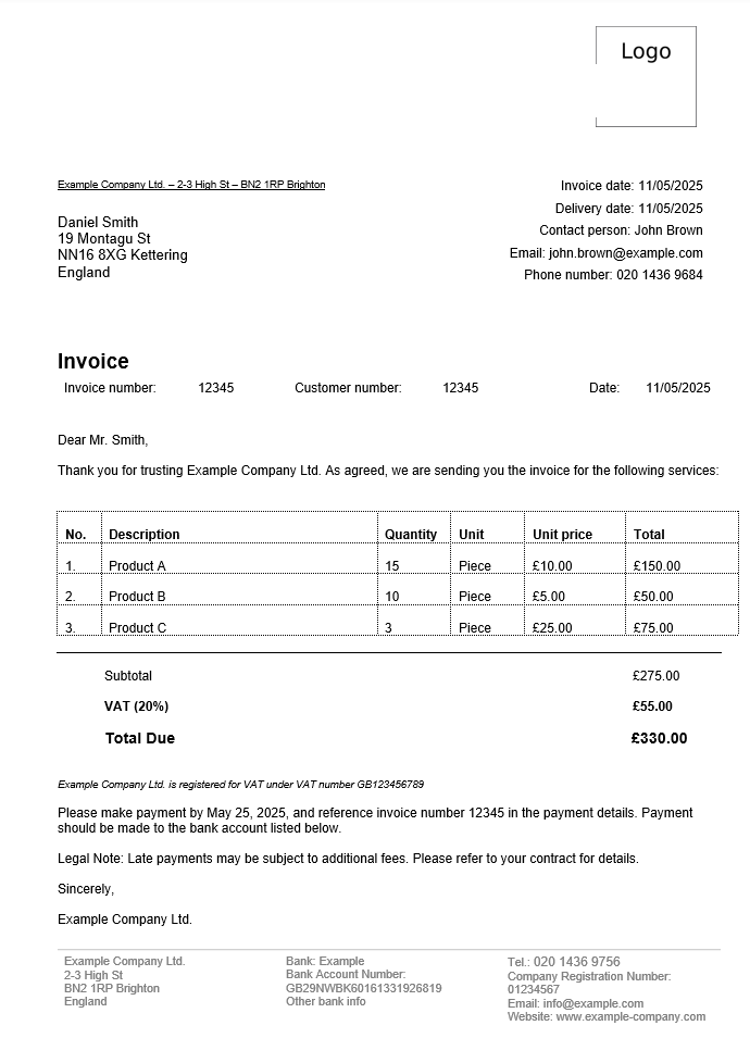 Screenshot of an invoice example Image: Screenshot of an invoice example
