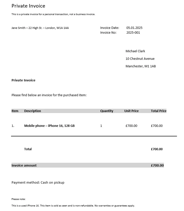Image: Alt-Text: Template for a private invoice